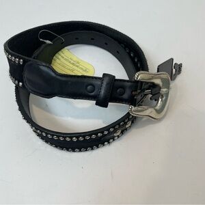 Black Leather Belt with Silver Studs Pony Hair Detail Size Small
